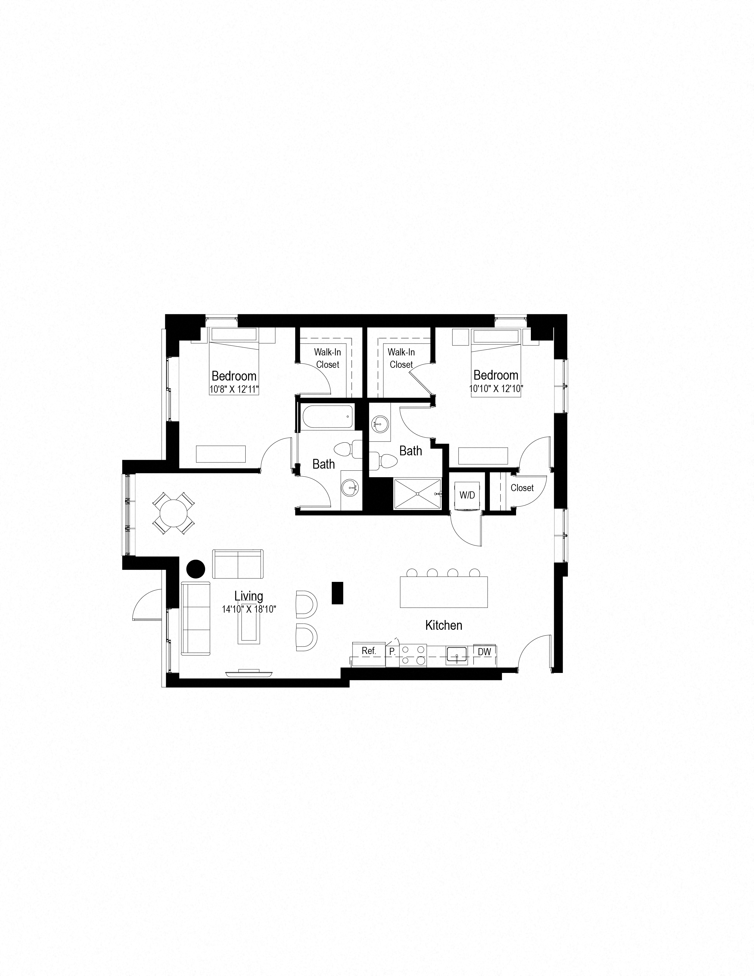 Floor plan for 2 beds, 2 baths, 1250 sqft